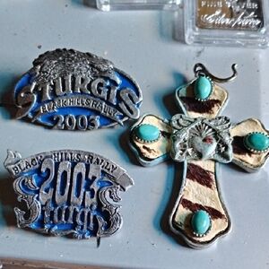 Sturgis Black Hills Rally Pins and Turquoise Cross Pendant